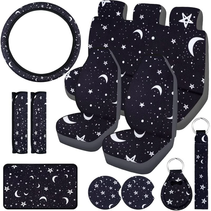 Frienda 15 Pieces Moon and Stars Car Seat Cover Full Set for Women Men Upgrade Thick Front Covers Universal Steering Wheel Separate Headrest Belt Pads Auto Truck (Star Pattern)
