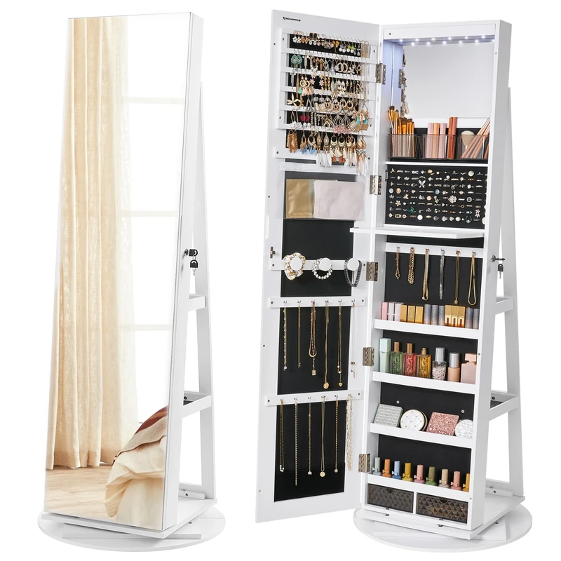 SONGMICS 6 LEDs Mirror Jewellery Cabinet, 360° Swivel Jewellery Storage Organiser, Lockable, Free-Standing Frameless Full-Length Mirror with Storage, White Surface, Black Lining JJC007W01