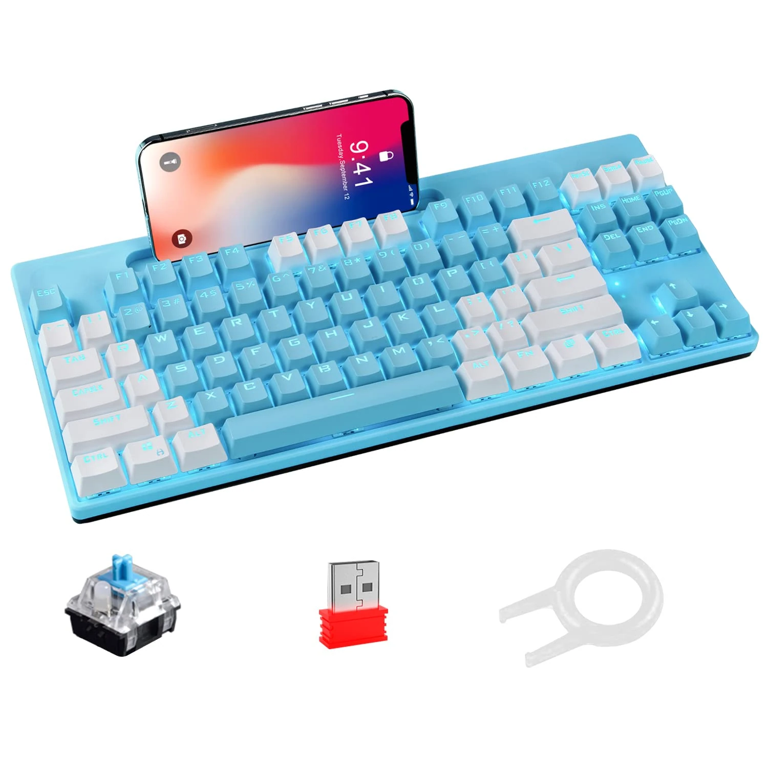 LexonElec 75% Wireless Mechanical Gaming Keyboard, Tri-Mode (BT5.0/2.4G/USB Wired), US Layout TKL 87 Keys, Rechargeable 3300 mAh Battery, Ice Blue Backlight, Blue Switch