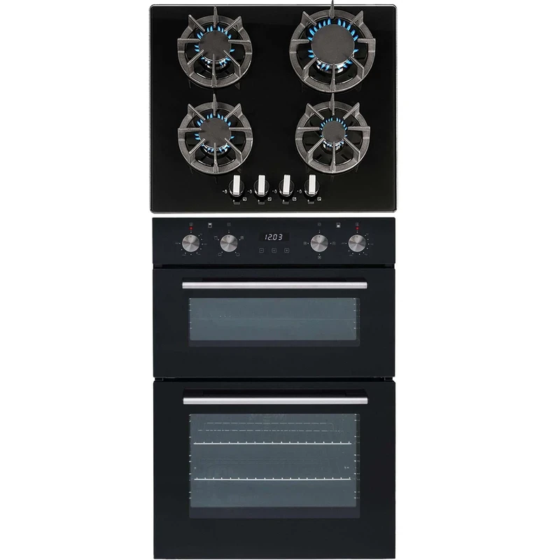 SIA 60cm DO102 Double Fan Oven, R7 4 burner Gas On Glass Hob With Cast Iron Pan Stands