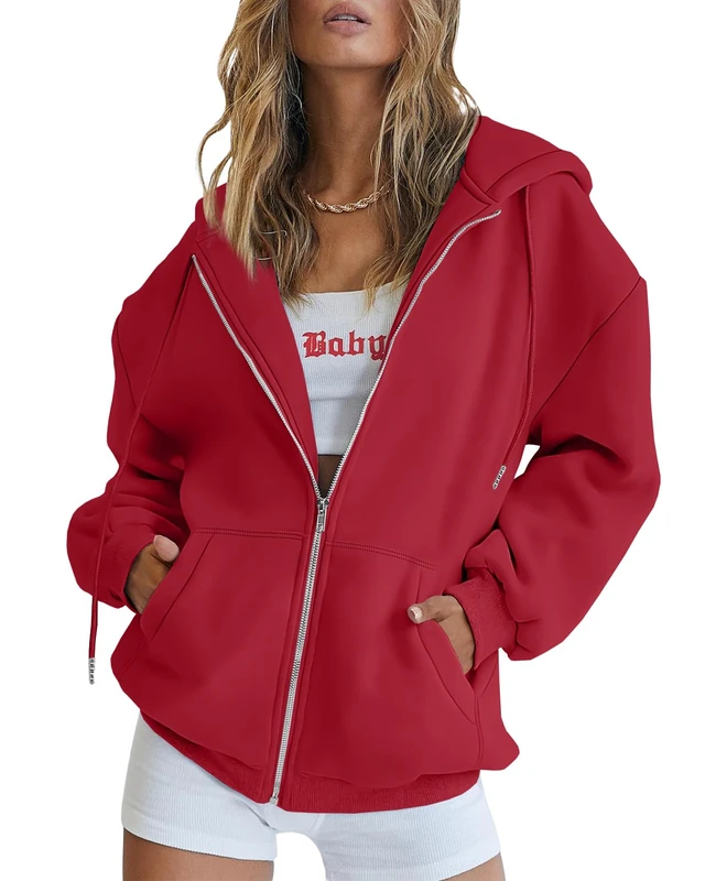 EFAN Women's Drawstring Zip Up Cute Hoodies Fall Jacket Oversized Casual Sweatshirts with Pocket, Red, Medium - Image 1