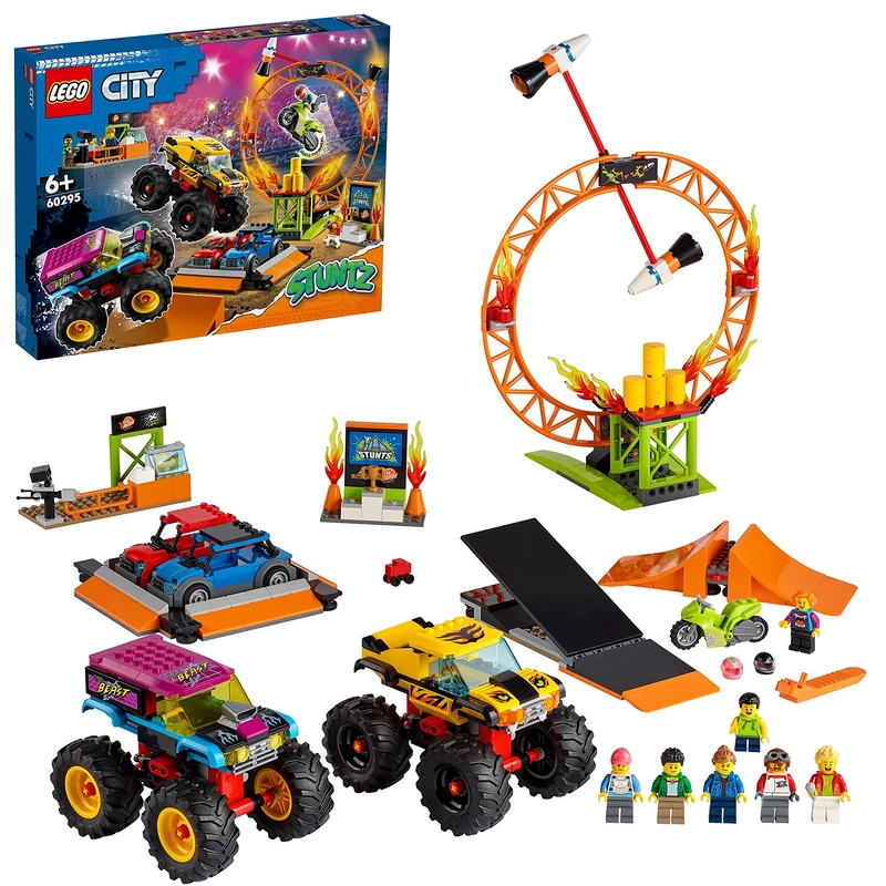 LEGO 60295 City Stuntz Stunt Show Arena Set with 2 Monster Trucks, Toy Cars, Flywheel-Powered Motorbike and 7 Minifigures, Easter Gift for Kids 6 Plus