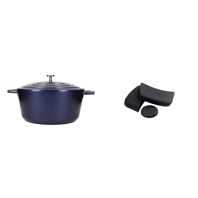 MasterClass Lightweight Casserole Dish with Lid, Cast Aluminium, Metallic Blue & MCMCASS3PC Pan Handle Sleeve Set for Cast Aluminium Casserole Pots, Easy Grip Silicone, 3 Pieces