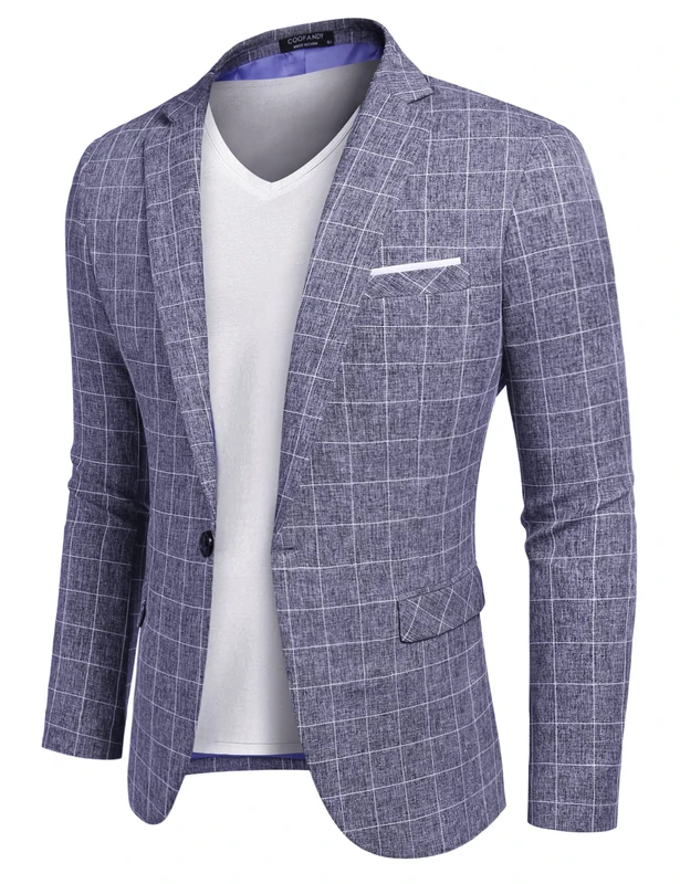 COOFANDY Men's Casual Suit Blazer Jackets Lightweight Sports Coats One Button, Plaid Blazer- Blue, L