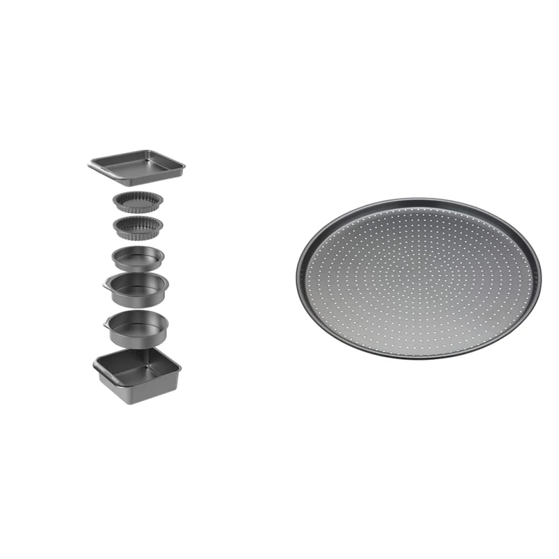 MasterClass Smart Space 7 Piece Non Stick Stackable Bakeware Set & KCMCCB14 Crusty Bake Perforated Pizza Tray with PFOA Free Non Stick, Robust 1 mm Carbon Steel, 32 cm, Grey