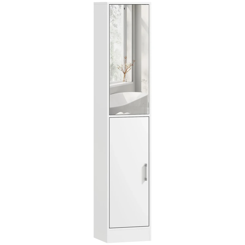 kleankin Tall Mirrored Bathroom Cabinet, Bathroom Storage Cupboard, Floor Standing Tallboy Unit with Adjustable Shelf, White