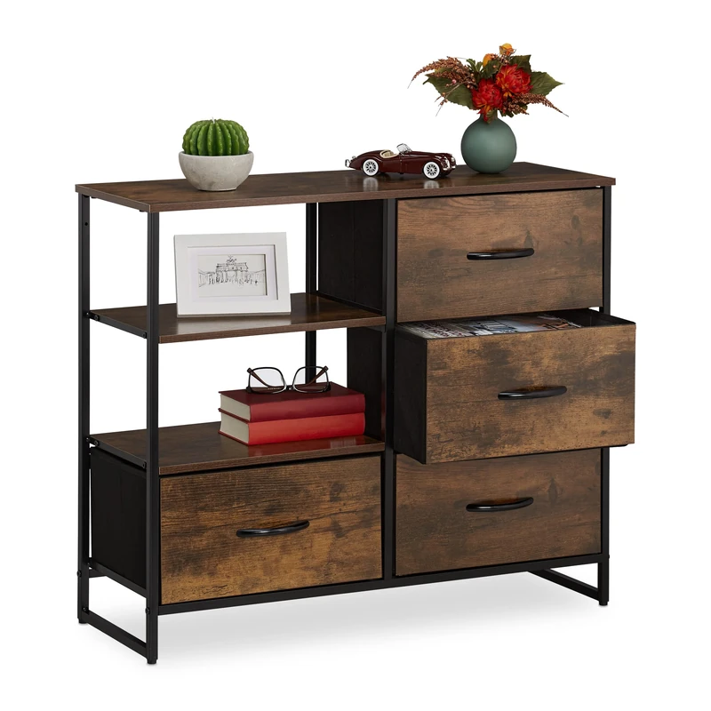 Relaxdays Chest of Drawers, 4 Drawers, H x W x D: 71.5 x 84 x 32.5 cm, Wardrobe, Dresser, Brown/Black