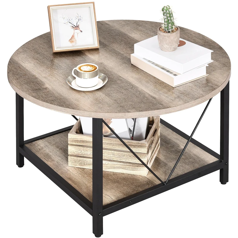 YITAHOME Round Coffee Table for Living Room,80x80x46cm Retro Central Table with Storage Shelf, Industrial Modern Coffee Table with Sturdy Metal Legs Simple Center Table for Home Office