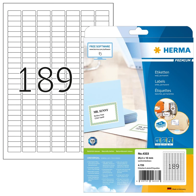 HERMA Self Adhesive Multipurpose Labels, 189 Labels per A4 Sheet, 800 Sheets, 25.4 x 10 mm, 151200 Labels, Blank Universal Labels Stickers, Sticky Labels for Laser & Inkjet Printer, White