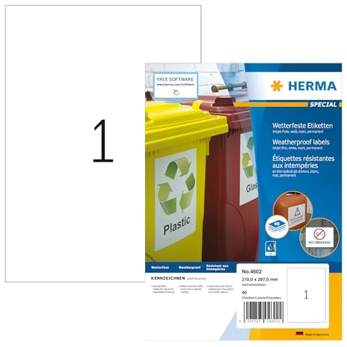 HERMA Self Adhesive Inkjet Labels, 1 Label per A4 Sheet, 560 Sheets, 210 x 297 mm, 560 Labels, Blank Weatherproof Film Labels Stickers, Sticky Labels for Inkjet Printer, White