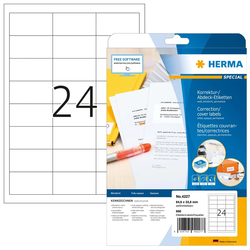 HERMA Self Adhesive Correction Labels, 24 Labels per A4 Sheet, 800 Sheets, 64.6 x 33.8 mm, 19200 Labels, Blank Opaque Labels Stickers, Sticky Labels for Laser & Inkjet Printer, White