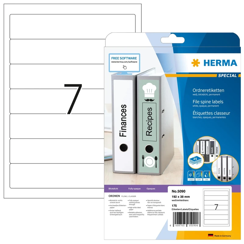 HERMA Self Adhesive Spine Labels, 7 Labels per A4 Sheet, 800 Sheets, 192 x 38 mm, 5600 Labels, Blank Lever Arch File Folder Labels Stickers, Sticky Labels for Laser & Inkjet Printer, White