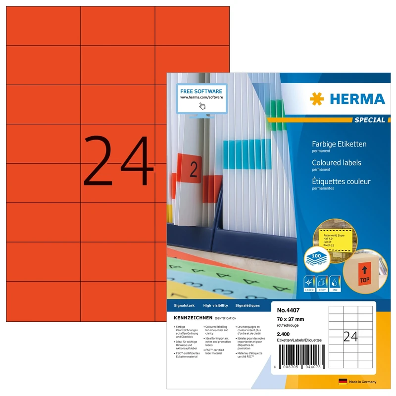 HERMA Self Adhesive Coloured Labels, 24 Labels per A4 Sheet, 1400 Sheets, 70 x 37 mm, 33600 Labels, Blank Colour Labels Stickers, Sticky Labels for Laser & Inkjet Printer, Red