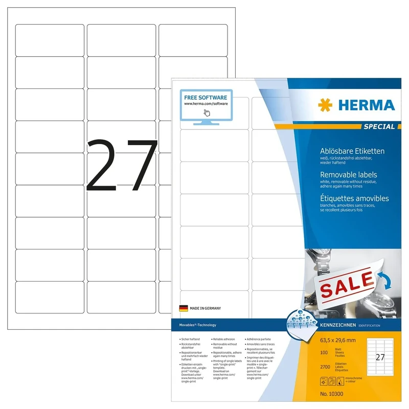 HERMA Self Adhesive Removable Labels, 27 Labels per A4 Sheet, 1400 Sheets, 63.5 x 29.6 mm, 37800 Labels, Blank Multipurpose Labels Stickers, Sticky Labels for Laser & Inkjet Printer, White