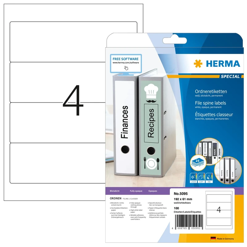 HERMA Self Adhesive Spine Labels, 4 Labels per A4 Sheet, 800 Sheets, 192 x 61 mm, 3200 Labels, Blank Lever Arch File Folder Labels Stickers, Sticky Labels for Laser & Inkjet Printer, White
