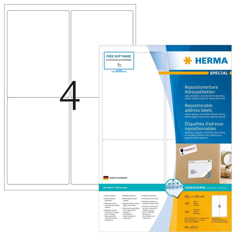 HERMA Self Adhesive Removable Labels, 4 Labels per A4 Sheet, 1400 Sheets, 99.1 x 139 mm, 5600 Labels, Blank Multipurpose Labels Stickers, Sticky Labels for Laser & Inkjet Printer, White