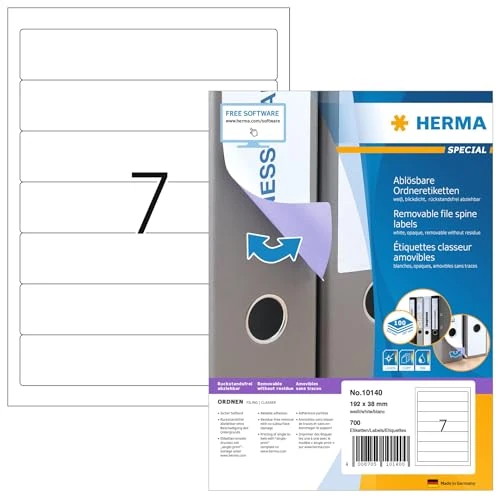 HERMA Self Adhesive Removable Spine Labels, 7 Labels per A4 Sheet, 1400 Sheets, 192 x 38 mm, 9800 Labels, Blank Lever Arch File Folder Stickers, Sticky Labels for Laser & Inkjet Printer, White