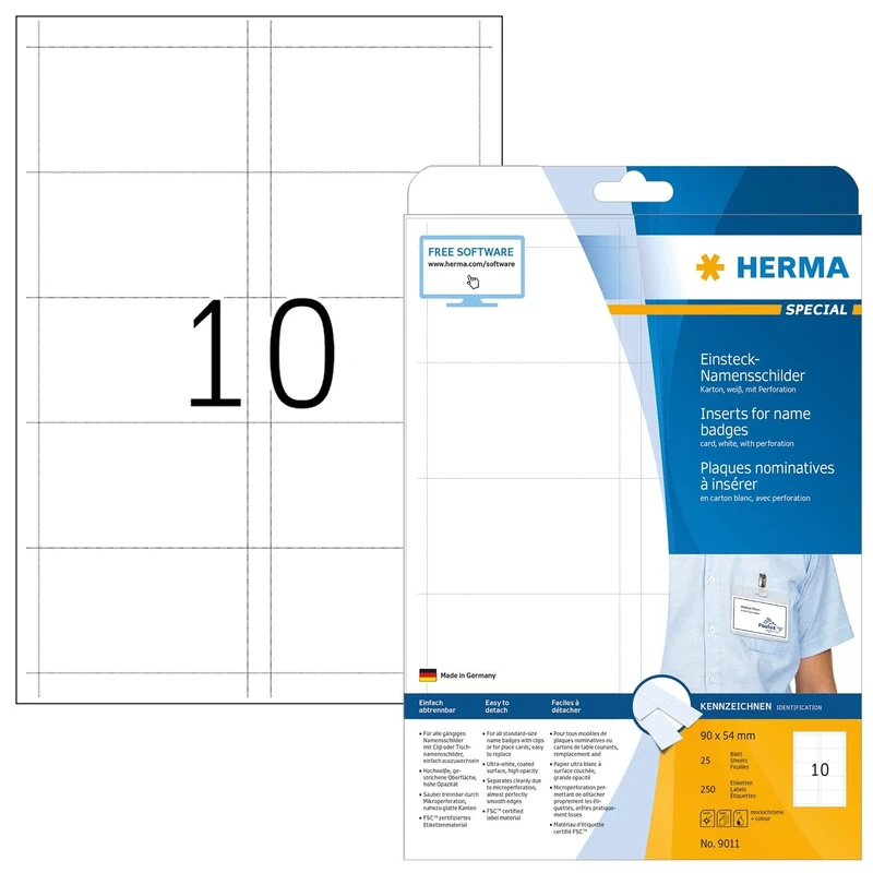 HERMA Name Badge Insert Refills, 10 Pieces Labels per A4 Sheet, 800 Sheets, 90 x 54 mm, 8000 Pieces, Blank Inserts for Name Badges, Printable Card Inserts for Laser & Inkjet Printer, White