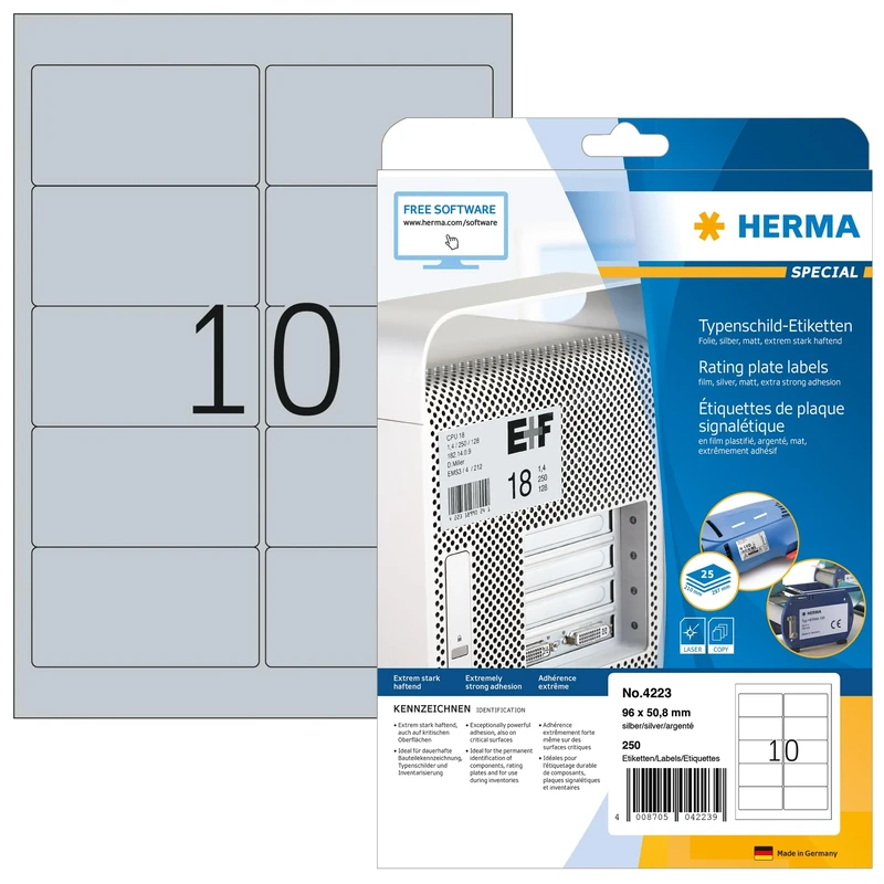 HERMA Self Adhesive Name Plate Film Labels, 10 Labels per A4 Sheet, 800 Sheets, 96 x 50.8 mm, 8000 Labels, Weatherproof Labels Stickers, Sticky Labels for Laser & Inkjet Printer, Metallic Silver