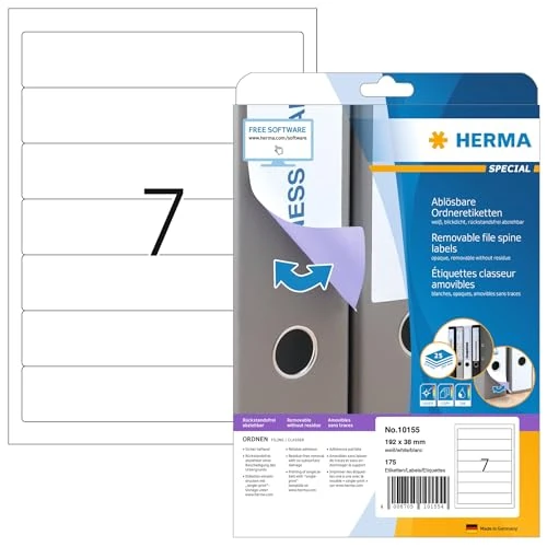 HERMA Self Adhesive Removable Spine Labels, 7 Labels per A4 Sheet, 800 Sheets, 192 x 38 mm, 5600 Labels, Blank Lever Arch File Folder Stickers, Sticky Labels for Laser & Inkjet Printer, White