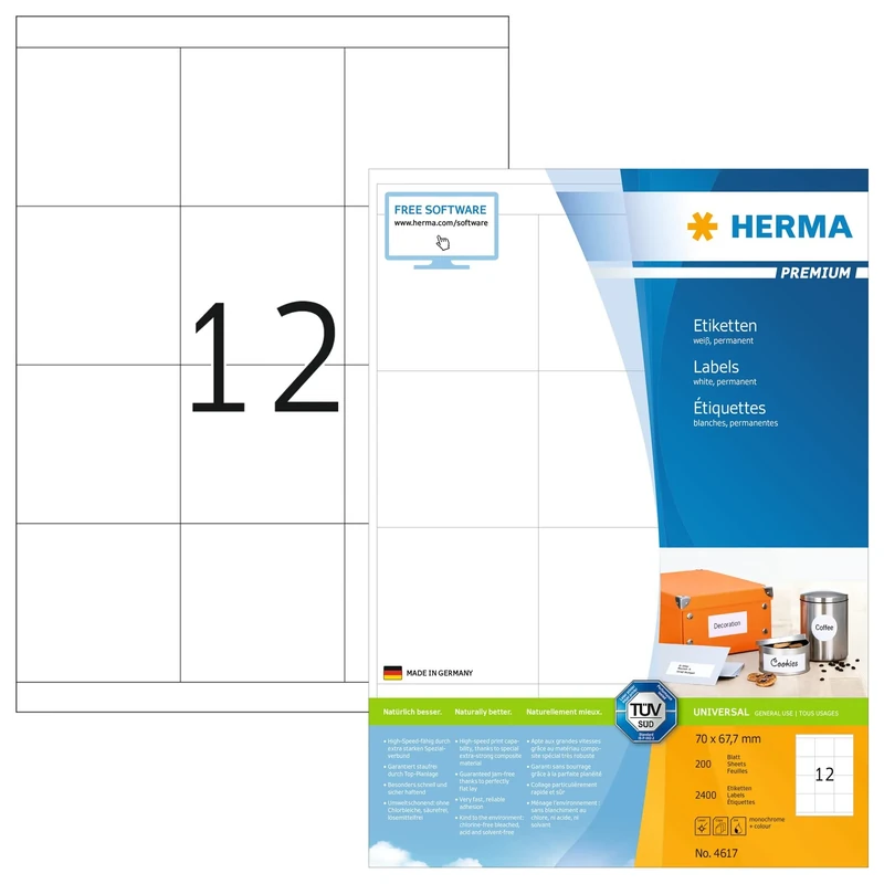 HERMA Self Adhesive Multipurpose Labels, 12 Labels per A4 Sheet, 1600 Sheets, 70 x 67.7 mm, 19200 Labels, Blank Universal Labels Stickers, Sticky Labels for Laser & Inkjet Printer, White