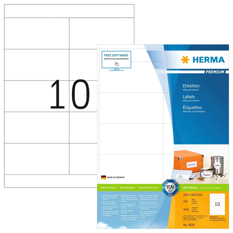 HERMA Self Adhesive Multipurpose Labels, 10 Labels per A4 Sheet, 1600 Sheets, 105 x 50.8 mm, 16000 Labels, Blank Universal Labels Stickers, Sticky Labels for Laser & Inkjet Printer, White