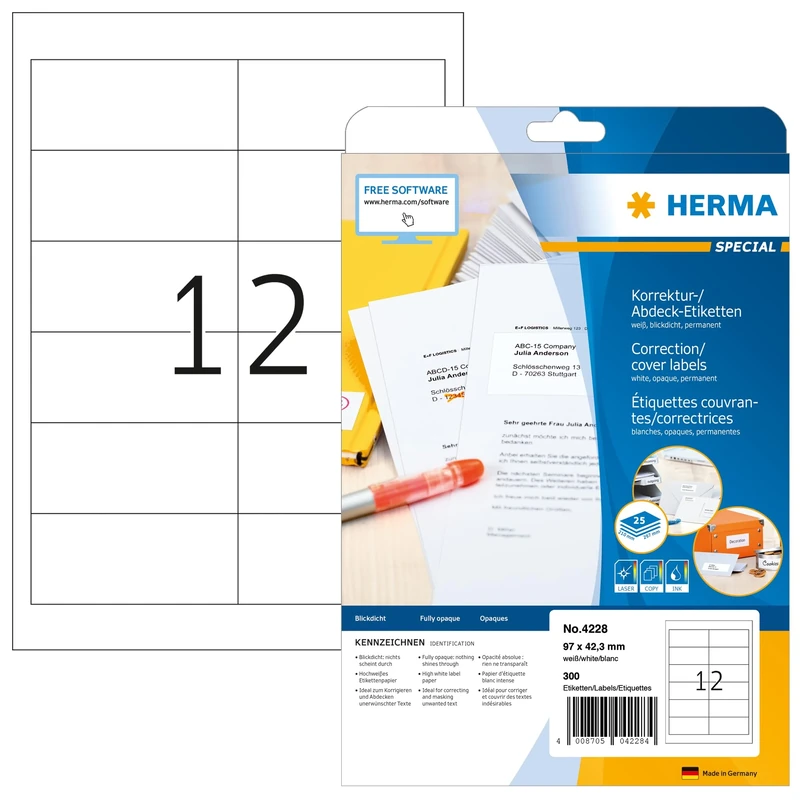 HERMA Self Adhesive Correction Labels, 12 Labels per A4 Sheet, 800 Sheets, 97 x 42.3 mm, 9600 Labels, Blank Opaque Labels Stickers, Sticky Labels for Laser & Inkjet Printer, White