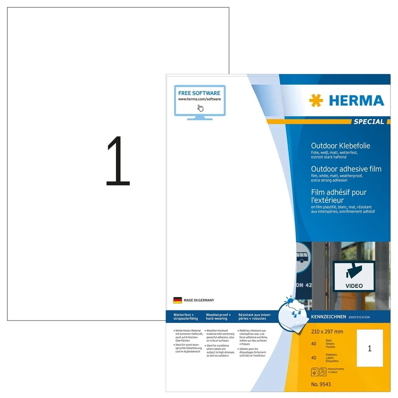 HERMA Self Adhesive Film Labels, 1 Label per A4 Sheet, 560 Sheets, 210 x 297 mm, 560 Labels, Blank Weatherproof Labels Stickers, Sticky Labels for Laser & Inkjet Printer, White