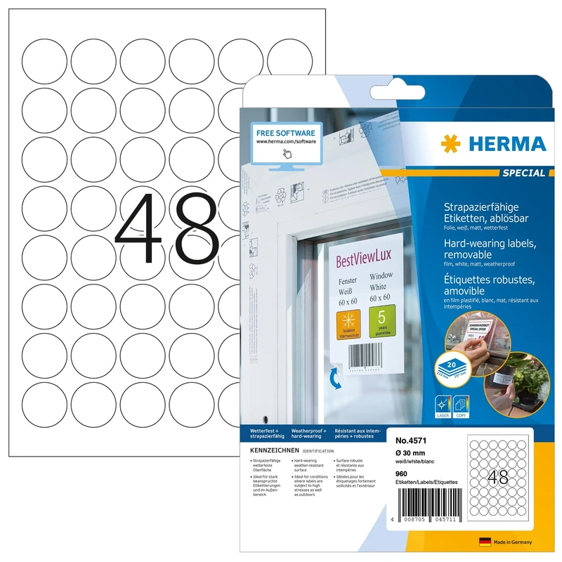 HERMA Self Adhesive Removable Film Labels, 48 Labels per A4 Sheet, 640 Sheets, Ø 30 mm, 30720 Labels, Blank Weatherproof Round Labels Stickers, Sticky Dots for Laser & Inkjet Printer, White