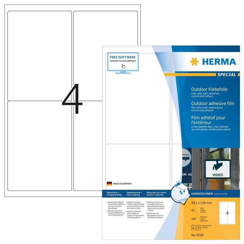 HERMA Self Adhesive Film Labels, 4 Labels per A4 Sheet, 560 Sheets, 99.1 x 139 mm, 2240 Labels, Blank Weatherproof Labels Stickers, Sticky Labels for Laser & Inkjet Printer, White