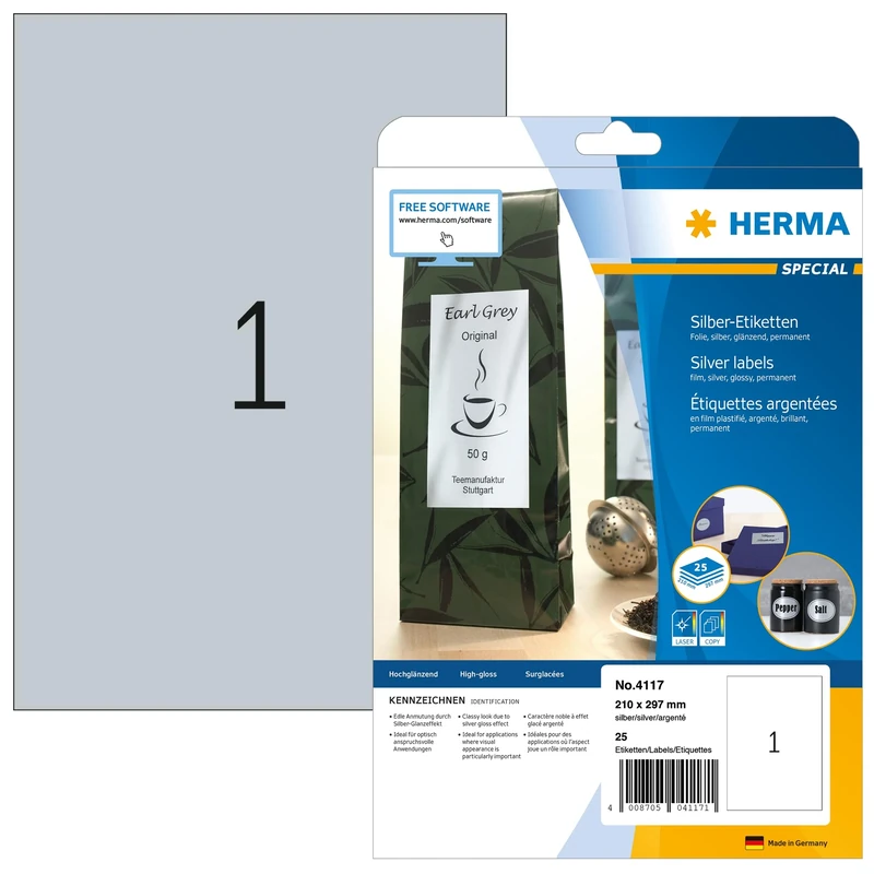 HERMA Self Adhesive Film Labels, 1 Label per A4 Sheet, 800 Sheets, 210 x 297 mm, 800 Labels, Blank Weatherproof Labels Stickers, Sticky Labels for Laser & Inkjet Printer, Silver