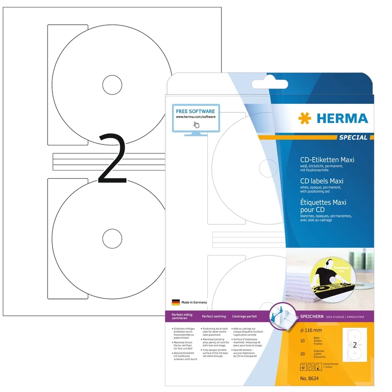 HERMA Self Adhesive Full Face CD Labels, 2 Labels per A4 Sheet, 320 Sheets, Ø 116 mm, 640 Labels, Blank Opaque DVD Labels Stickers, Sticky Labels for Laser & Inkjet Printer, White