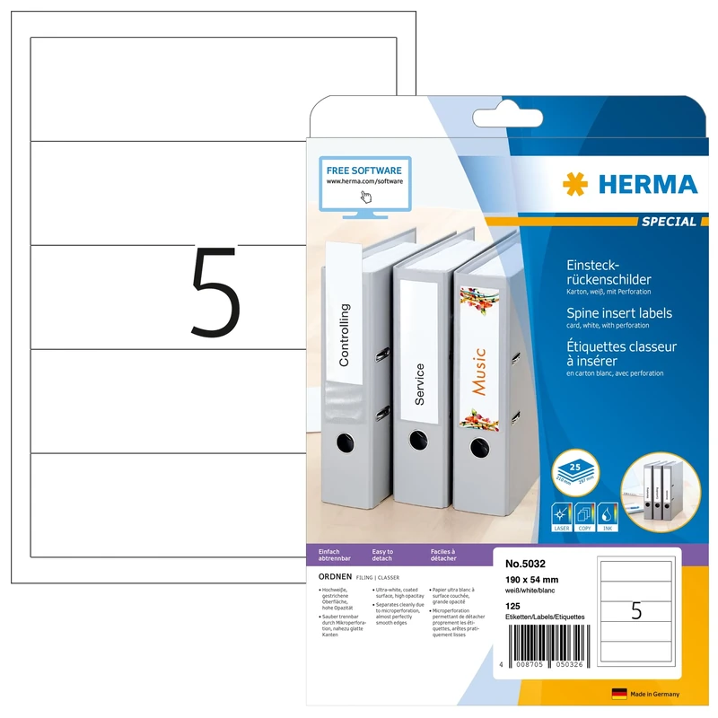 HERMA Spine Inserts with Micro-Perforation, 5 Labels per A4 Sheet, 800 Sheets, 190 x 54 mm, 4000 Labels, Blank Lever Arch File Folder Insert Labels, Card Inserts for Laser & Inkjet Printer, White