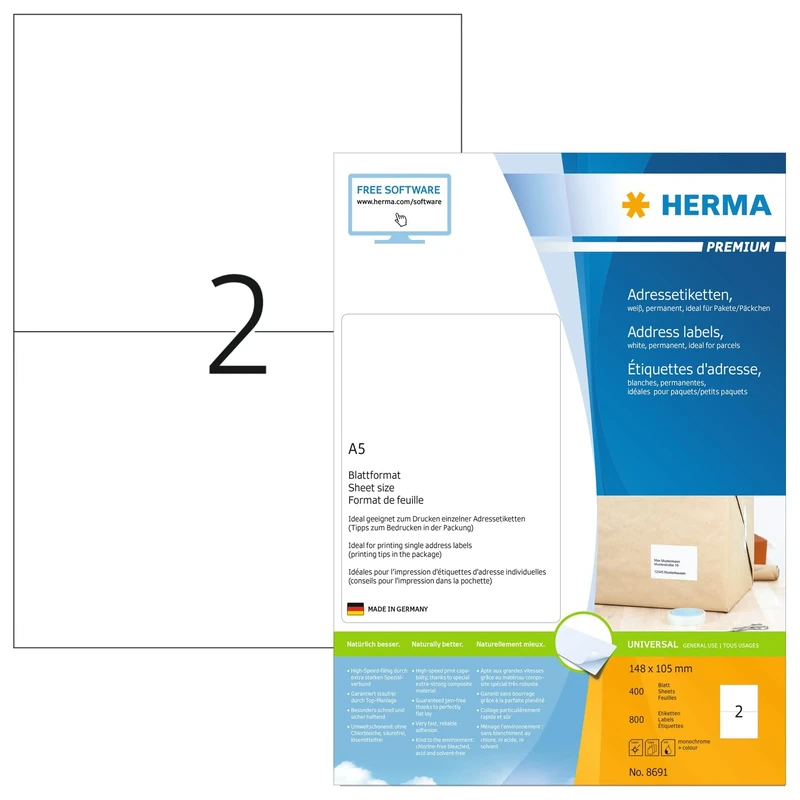 HERMA Self Adhesive Shipping Labels, 2 Labels per A5 Sheet, 3200 Sheets, 148 x 105 mm, 6400 Labels, Blank Parcel Labels Stickers, Sticky Labels for Laser & Inkjet Printer, White