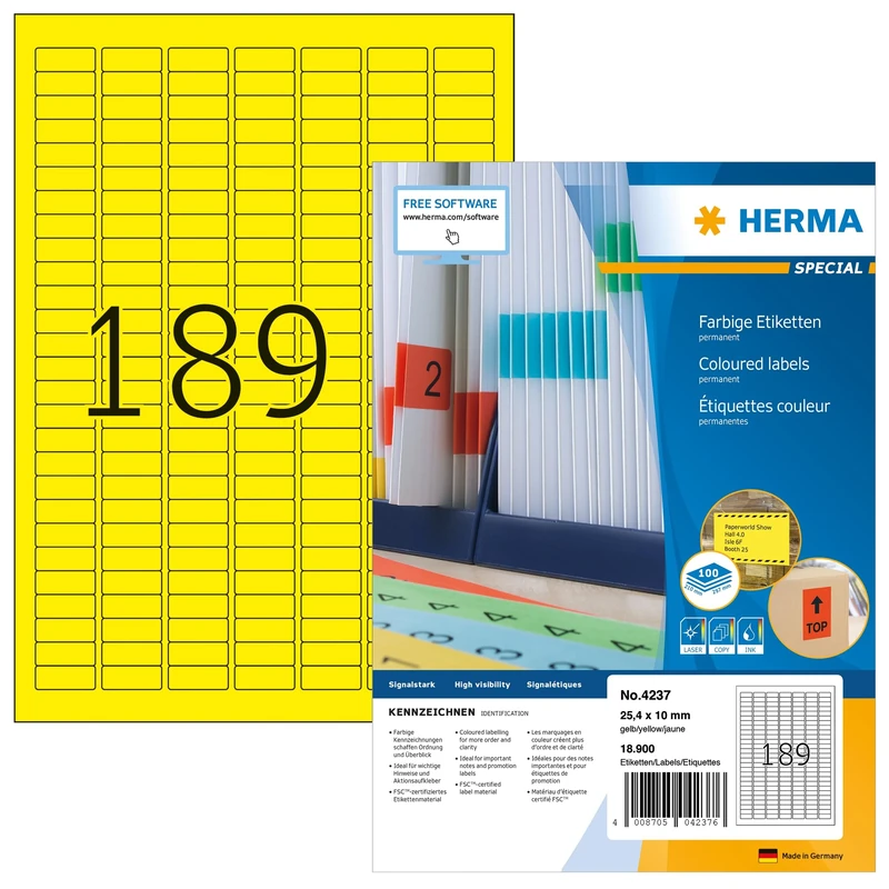 HERMA Self Adhesive Coloured Labels, 189 Labels per A4 Sheet, 1400 Sheets, 25.4 x 10 mm, 264600 Labels, Blank Colour Labels Stickers, Sticky Labels for Laser & Inkjet Printer, Yellow