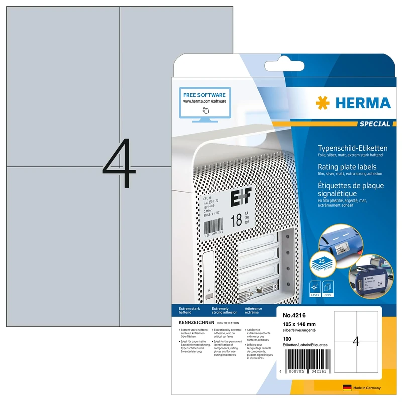HERMA Self Adhesive Name Plate Film Labels, 4 Labels per A4 Sheet, 800 Sheets, 105 x 148 mm, 3200 Labels, Weatherproof Labels Stickers, Sticky Labels for Laser & Inkjet Printer, Metallic Silver