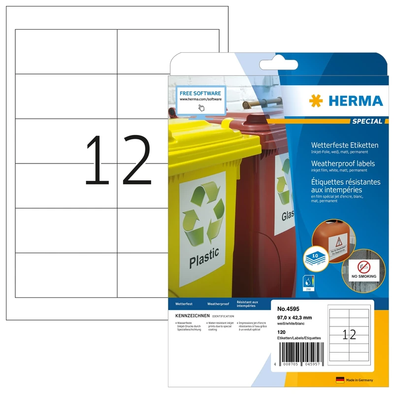 HERMA Self Adhesive Inkjet Labels, 12 Labels per A4 Sheet, 320 Sheets, 97 x 42.3 mm, 3840 Labels, Blank Weatherproof Film Labels Stickers, Sticky Labels for Inkjet Printer, White