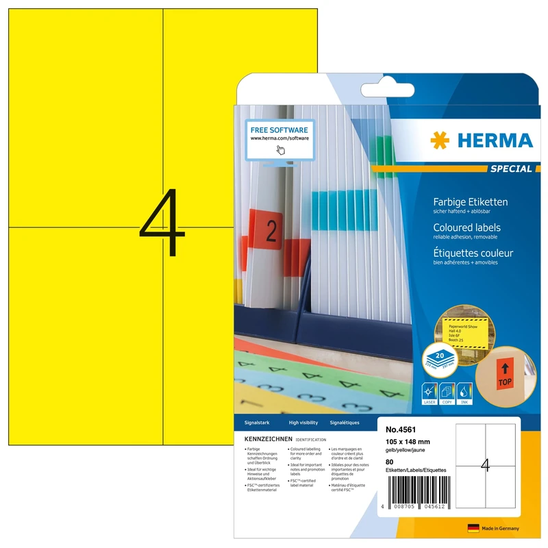 HERMA Self Adhesive Coloured Labels, 4 Labels per A4 Sheet, 640 Sheets, 105 x 148 mm, 2560 Labels, Blank Removable Colour Labels Stickers, Sticky Labels for Laser & Inkjet Printer, Yellow