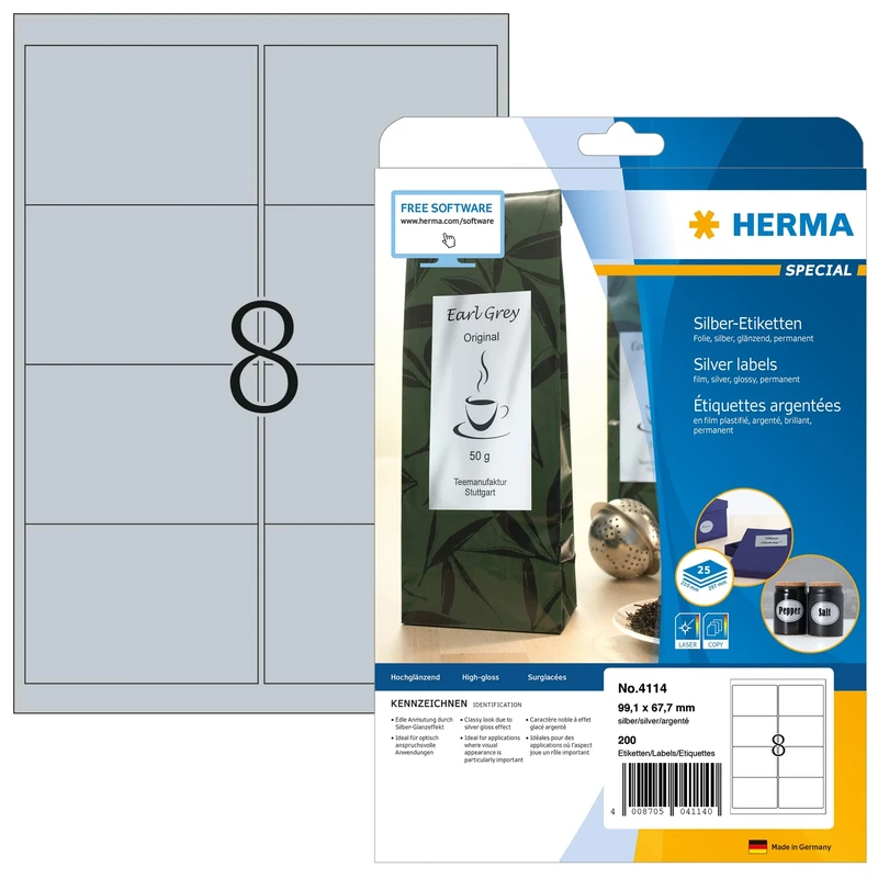 HERMA Self Adhesive Film Labels, 8 Labels per A4 Sheet, 800 Sheets, 99.1 x 67.7 mm, 6400 Labels, Blank Weatherproof Labels Stickers, Sticky Labels for Laser & Inkjet Printer, Silver