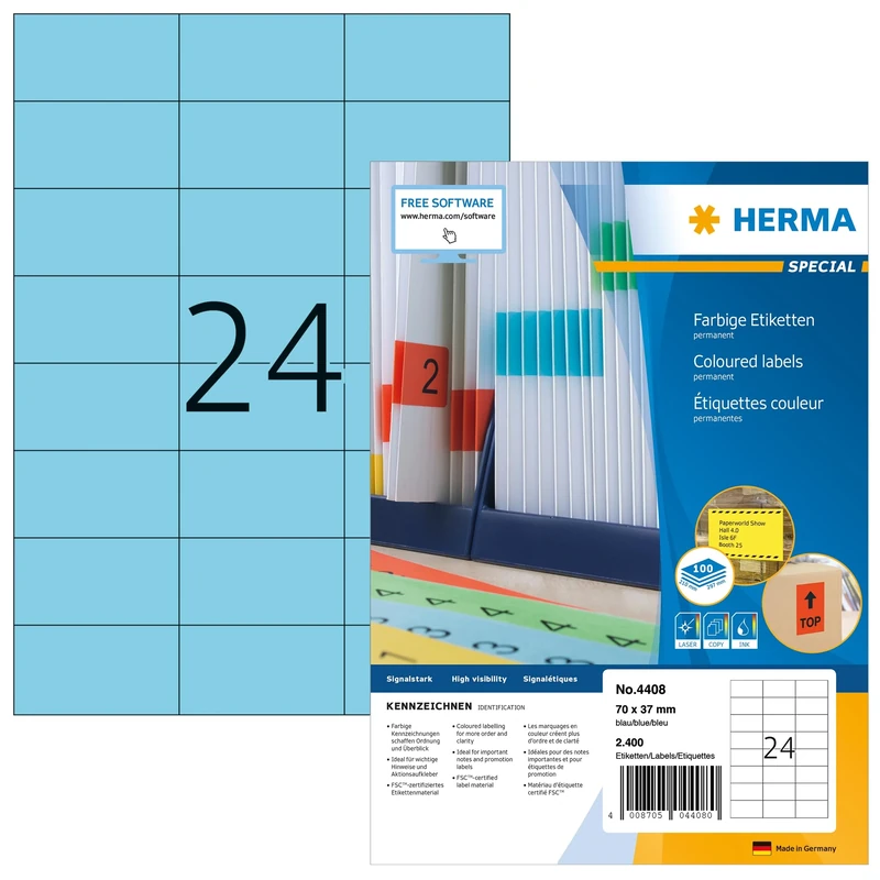HERMA Self Adhesive Coloured Labels, 24 Labels per A4 Sheet, 1400 Sheets, 70 x 37 mm, 33600 Labels, Blank Colour Labels Stickers, Sticky Labels for Laser & Inkjet Printer, Blue