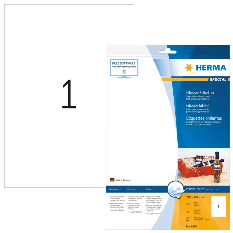 HERMA Self Adhesive Inkjet High Gloss Labels, 1 Label per A4 Sheet, 320 Sheets, 210 x 297 mm, 320 Labels, Blank Photo Quality Labels Stickers, Sticky Labels for Inkjet Printer, White