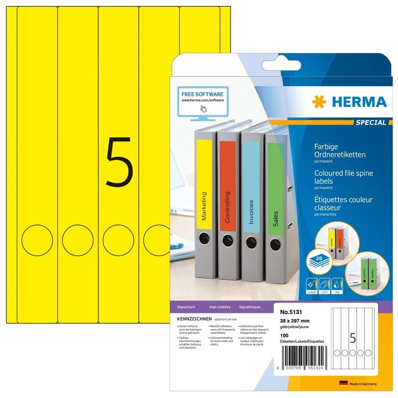 HERMA Self Adhesive Spine Labels, 5 Labels per A4 Sheet, 640 Sheets, 38 x 297 mm, 3200 Labels, Blank Lever Arch File Folder Labels Stickers, Sticky Labels for Laser & Inkjet Printer, Yellow