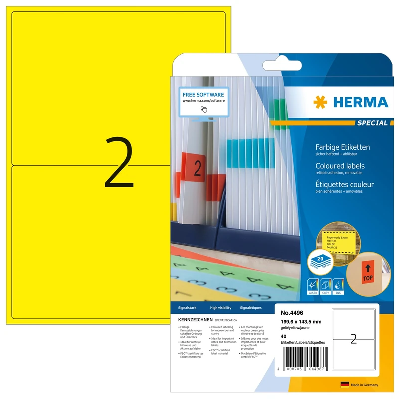 HERMA Self Adhesive Coloured Labels, 2 Labels per A4 Sheet, 640 Sheets, 199.6 x 143.5 mm, 1280 Labels, Blank Removable Colour Labels Stickers, Sticky Labels for Laser & Inkjet Printer, Yellow