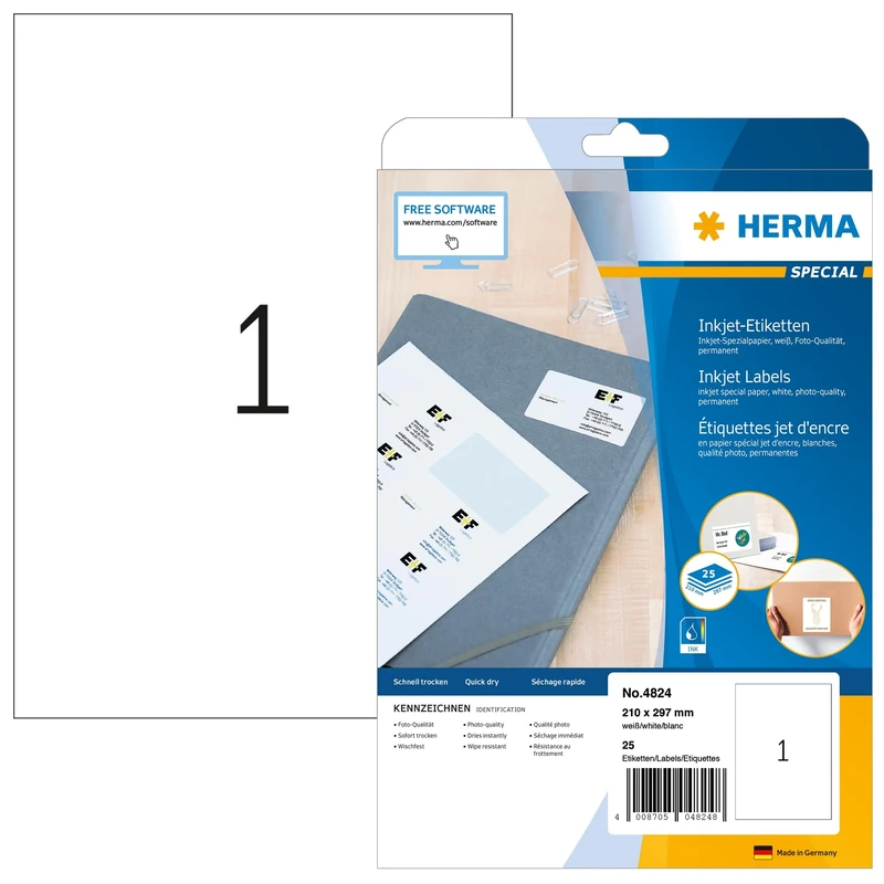 HERMA Self Adhesive Multipurpose Inkjet Labels, 1 Label per A4 Sheet, 800 Sheets, 210 x 297 mm, 800 Labels, Blank Universal Labels Stickers, Sticky Labels for Inkjet Printer, White