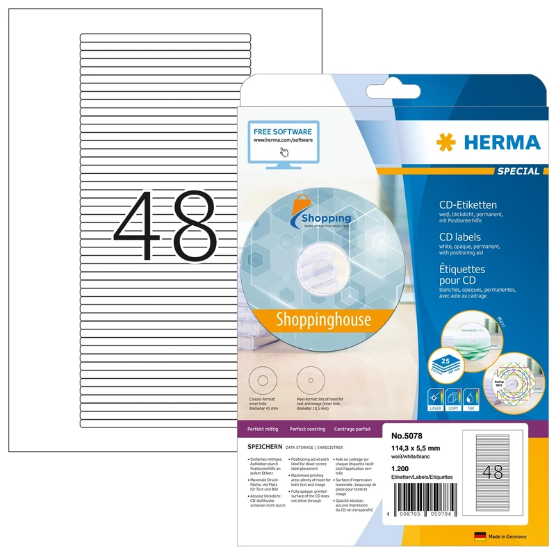 HERMA Self Adhesive CD Jewel Case Labels, 48 Labels per A4 Sheet, 800 Sheets, 114.3 x 5.5 mm, 38400 Labels, Blank CD Sleeves Labels Stickers, Sticky Labels for Laser & Inkjet Printer, White