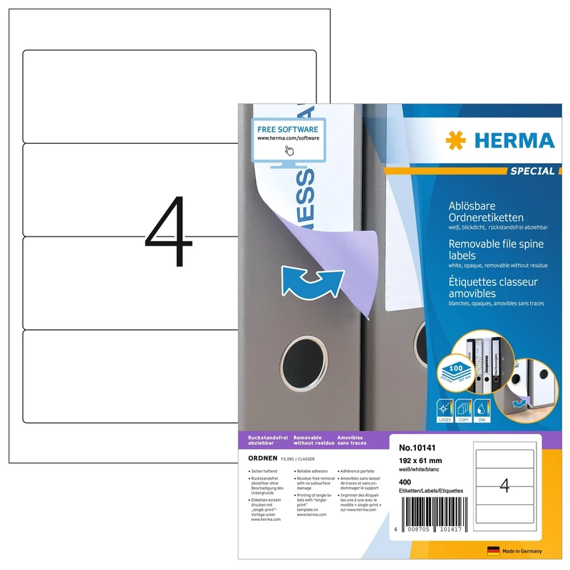HERMA Self Adhesive Removable Spine Labels, 4 Labels per A4 Sheet, 1400 Sheets, 192 x 61 mm, 5600 Labels, Blank Lever Arch File Folder Stickers, Sticky Labels for Laser & Inkjet Printer, White