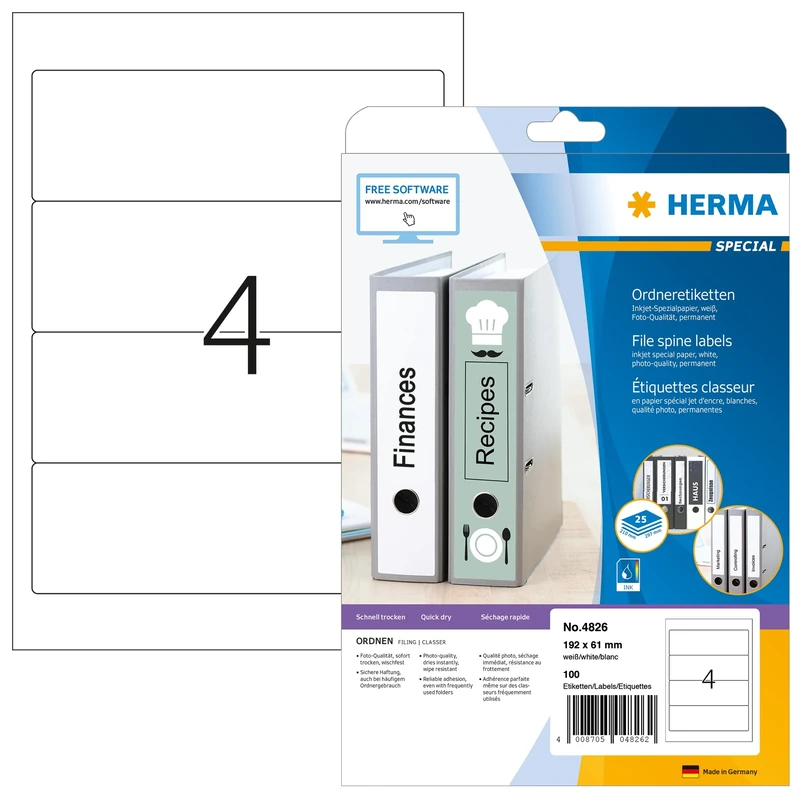 HERMA Self Adhesive Spine Labels, 4 Labels per A4 Sheet, 800 Sheets, 192 x 61 mm, 3200 Labels, Blank Lever Arch File Folder Labels Stickers, Sticky Labels for Laser & Inkjet Printer, White