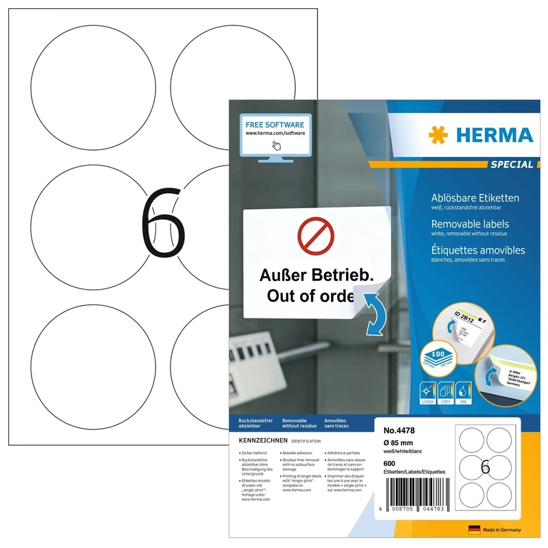 HERMA Self Adhesive Removable Round Labels, 6 Labels per A4 Sheet, 1400 Sheets, Ø 85 mm, 8400 Labels, Blank Multipurpose Labels Stickers, Sticky Dots for Laser & Inkjet Printer, White