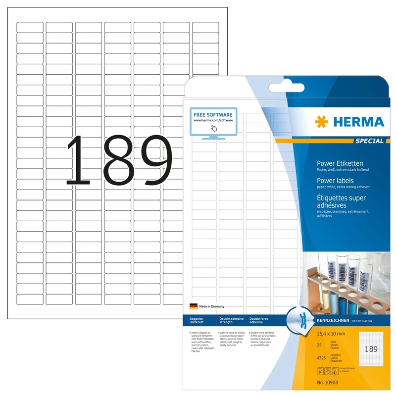 HERMA Extra Strong Adhesive Labels, 189 Labels per A4 Sheet, 800 Sheets, 25.4 x 10 mm, 151200 Labels, Blank Heavy Duty Labels Stickers, Sticky Labels for Laser & Inkjet Printer, White
