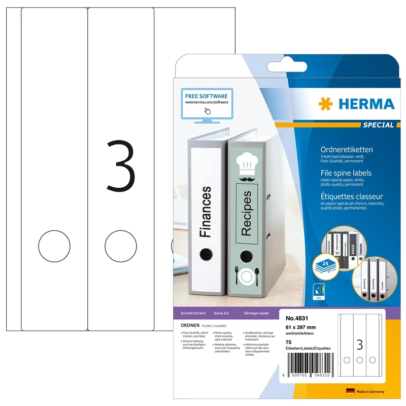 HERMA Self Adhesive Spine Labels, 3 Labels per A4 Sheet, 800 Sheets, 61 x 297 mm, 2400 Labels, Blank Lever Arch File Folder Labels Stickers, Sticky Labels for Laser & Inkjet Printer, White